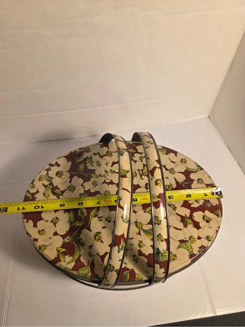 Vintage Dogwood Flower Metal Tin With Handles White Brown Sewing Basket